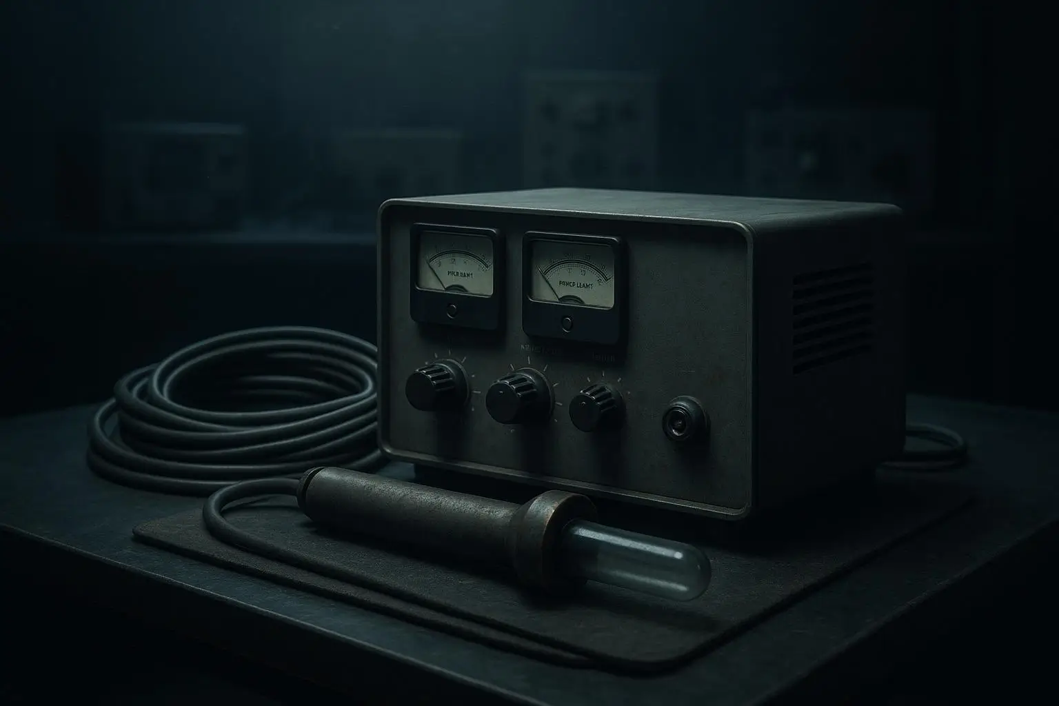 Inventos Confiscados Caja Metálica Con Relojes Analógicos Oscura Dispositivo metálico con diales y cable en mesa oscura, inventos confiscados