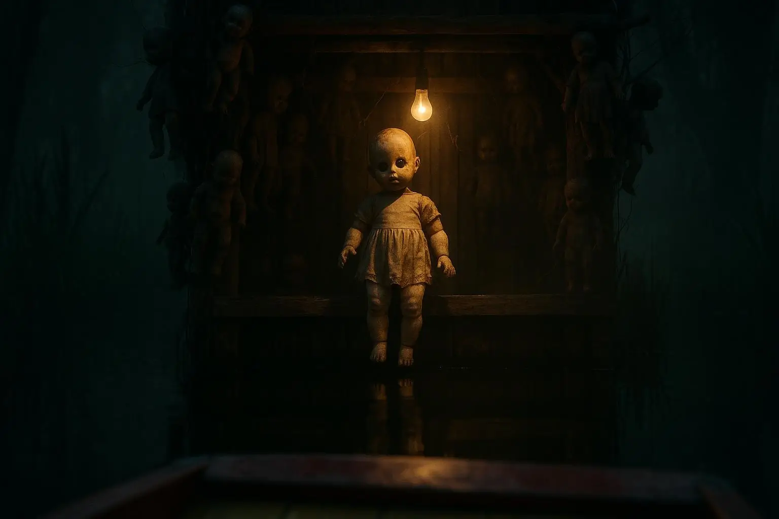 La isla de las muñecas de Xochimilco: entre el archivo y la leyenda 1 Muñeca desgastada bajo bombilla en la isla de las muñecas de Xochimilco