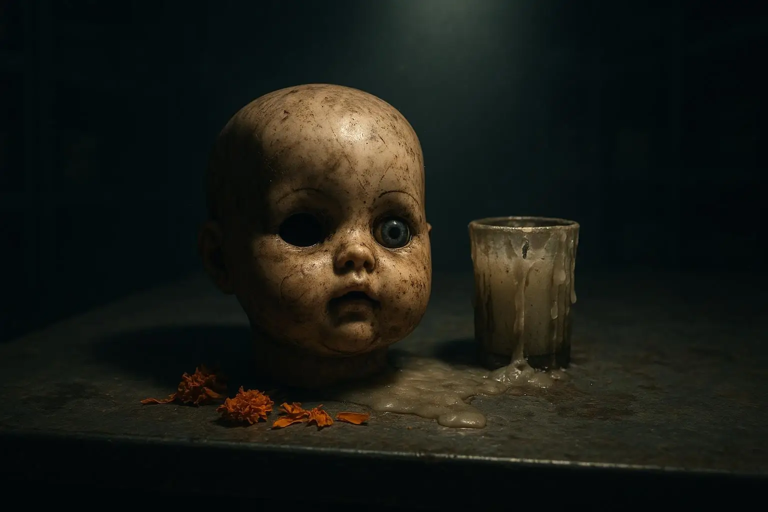 La Isla De Las Muñecas De Xochimilco Cabeza De Muñeca Y Vaso Cabeza de muñeca dañada junto a vaso con cera derretida en la isla de las muñecas de Xochimilco