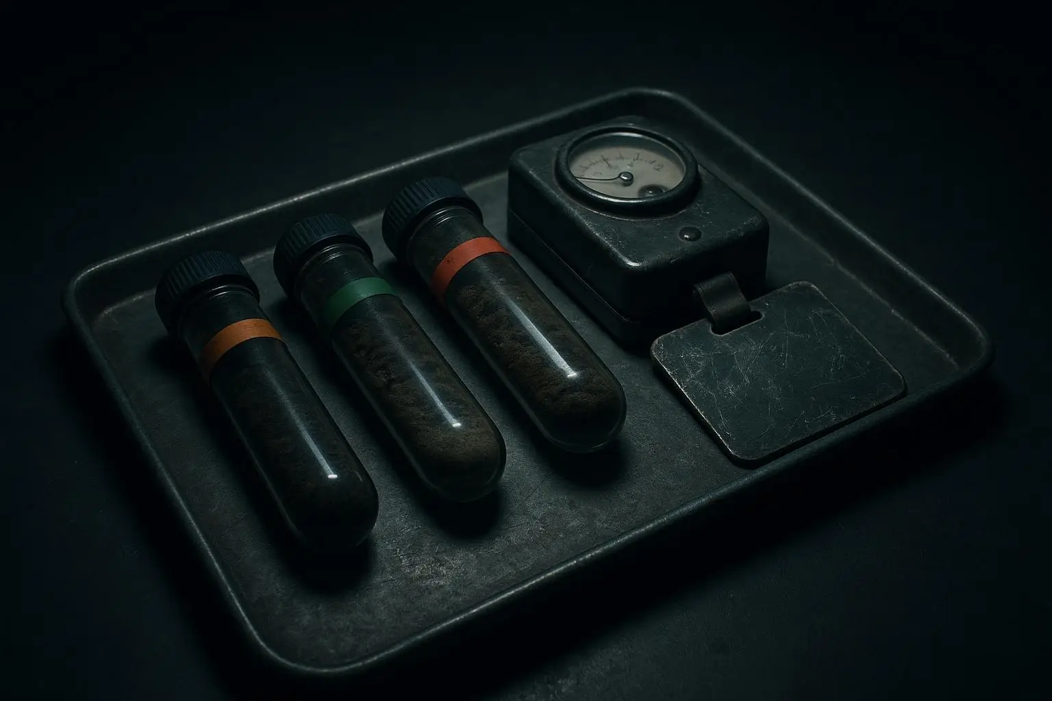 Islas Prohibidas Acceso Bandejas Con Tubos Oscuros Y Medidor Bandeja metálica con tubos oscuros y dispositivo junto a placa, islas prohibidas acceso