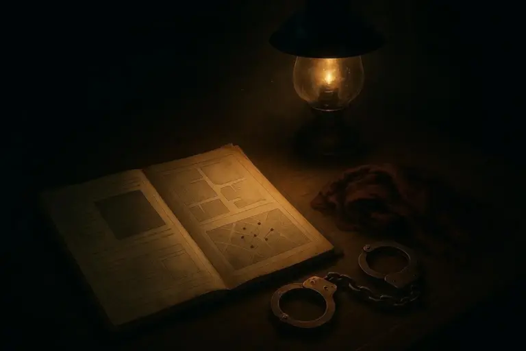 Jack el destripador: de las cartas falsas a los límites del archivo 2 Mesa oscura con Jack el destripador, libro abierto, lámpara y grilletes metálicos