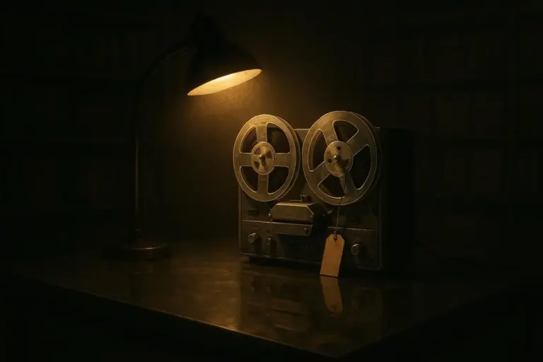 Jonestown: entre el suicidio masivo y la coacción armada 9 Sobre una mesa oscura hay un aparato con dos bobinas metálicas iluminado por una lámpara jonestown