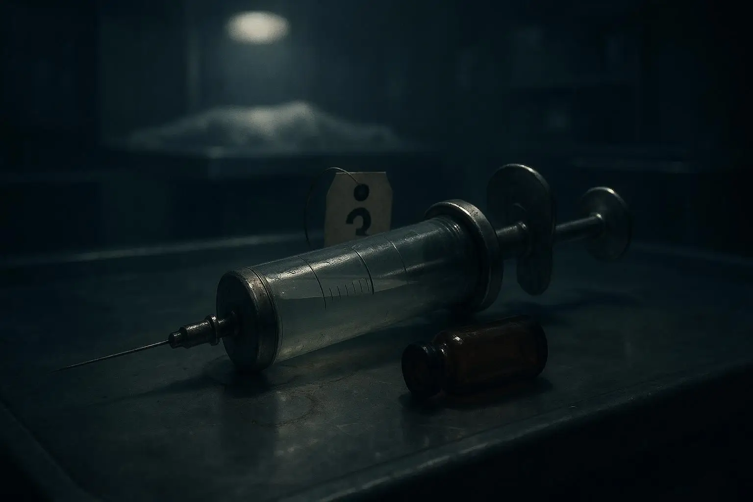 Jonestown jeringa metálica grande sobre superficie oscura Primer plano de una jeringa metálica grande junto a un frasco pequeño, relacionada con jonestown