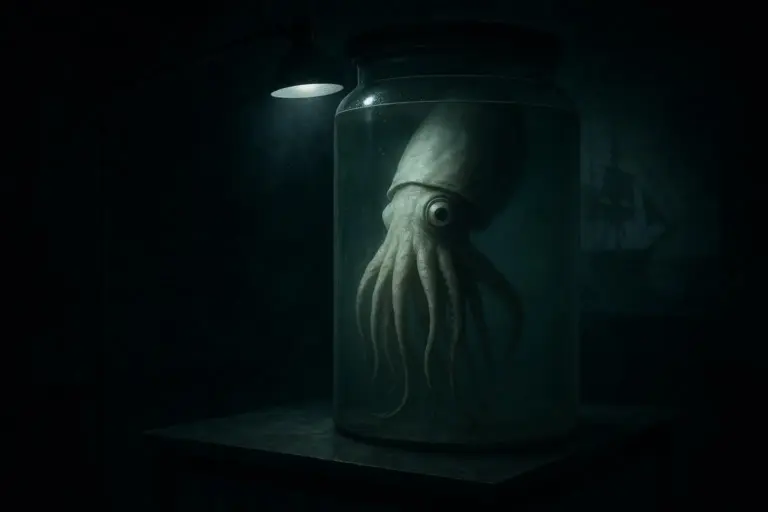 Kraken: de leyenda nórdica a calamar gigante documentado 3 Criatura similar a kraken dentro de un gran frasco de cristal iluminado por una lámpara