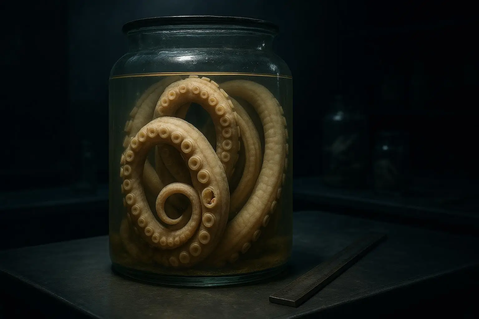 Kraken En Frasco De Vidrio Con Tentáculos En Espiral Tentáculos claros en espiral dentro de un frasco de vidrio