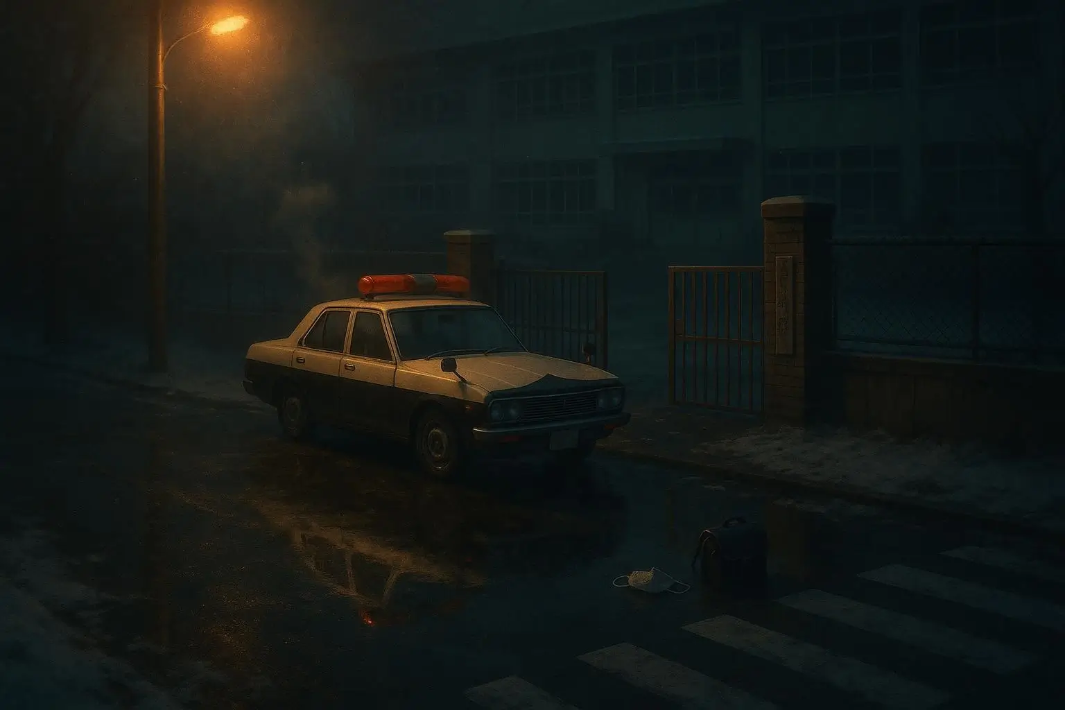 Kuchisake onna: de leyenda urbana a patrullas reales en 1979 1 Coche estacionado bajo farola en calle mojada con kuchisake onna