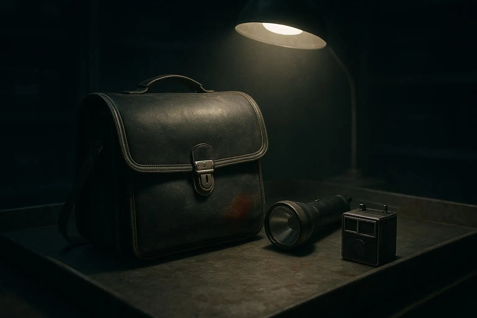 Kuchisake Onna Bolsa De Cuero Oscuro Sobre Mesa Metálica Bolsa de cuero oscuro junto a linterna y pequeño cubo metálico bajo luz kuchisake onna