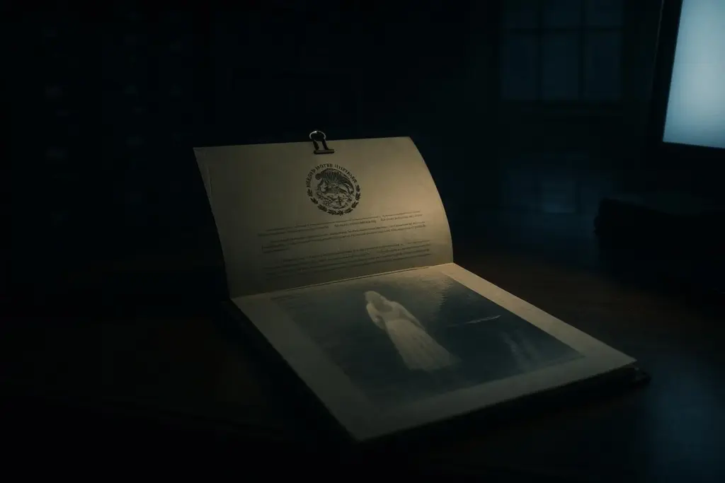 La Llorona: de presagio mexica a leyenda y patrimonio cultural 7 Carpeta con hojas abiertas y foto en blanco y negro de figura alargada iluminada, la llorona sobre mesa en habitación oscura