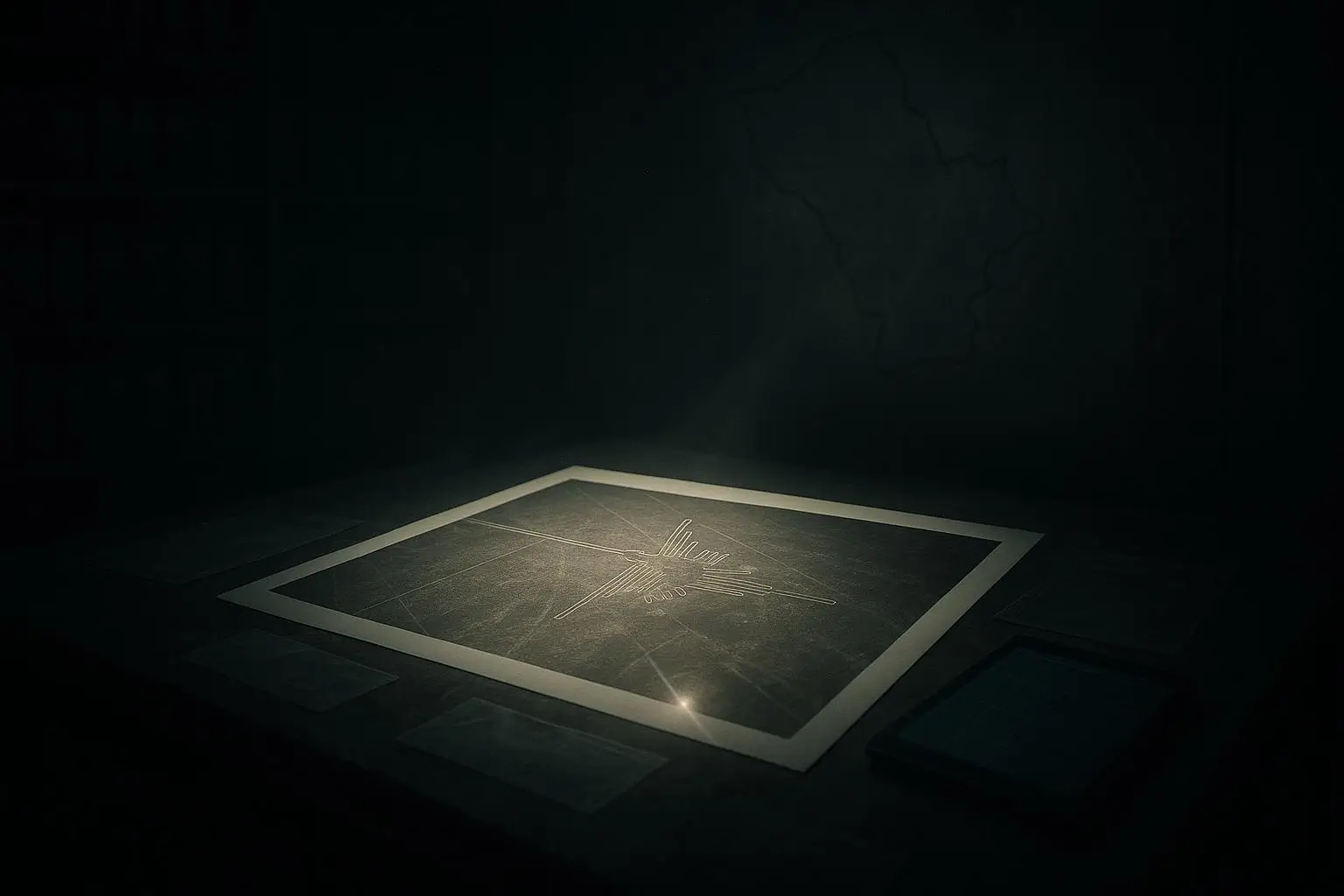 Líneas de Nazca: del origen documentado a los hallazgos de la IA 1 Mesa oscura con lineas nazca iluminadas en lámina central