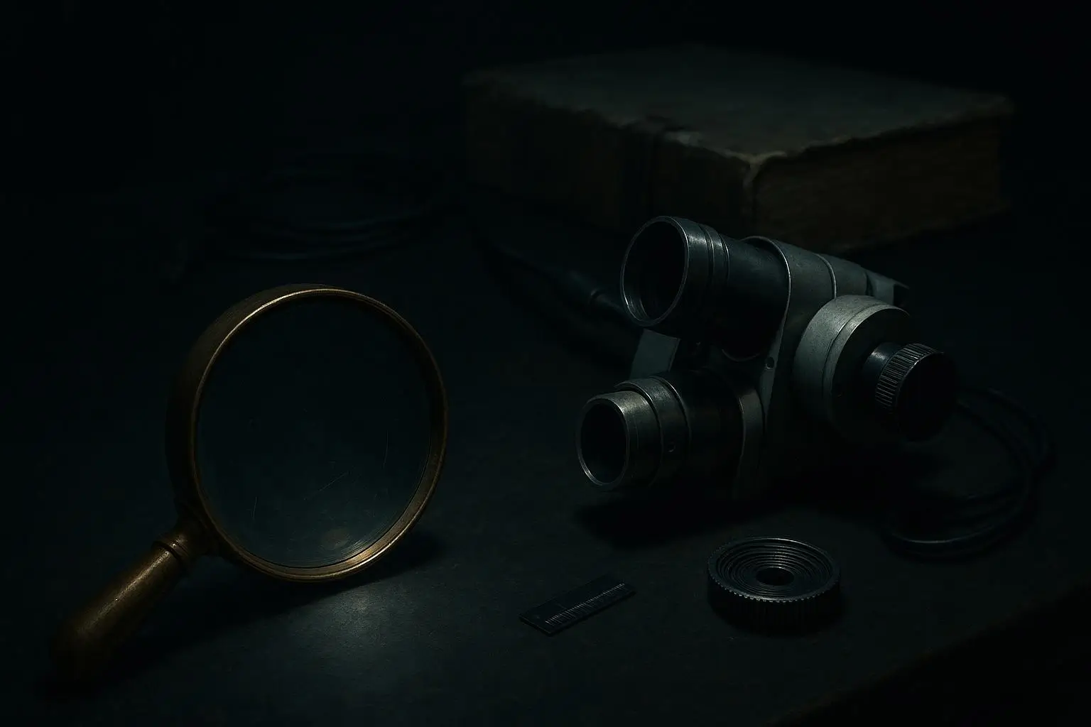 Manuscrito Voynich Lupa De Metal Y Dispositivo Óptico Oscuro Lupa antigua junto a dispositivo óptico metálico sobre mesa oscura, manuscrito voynich