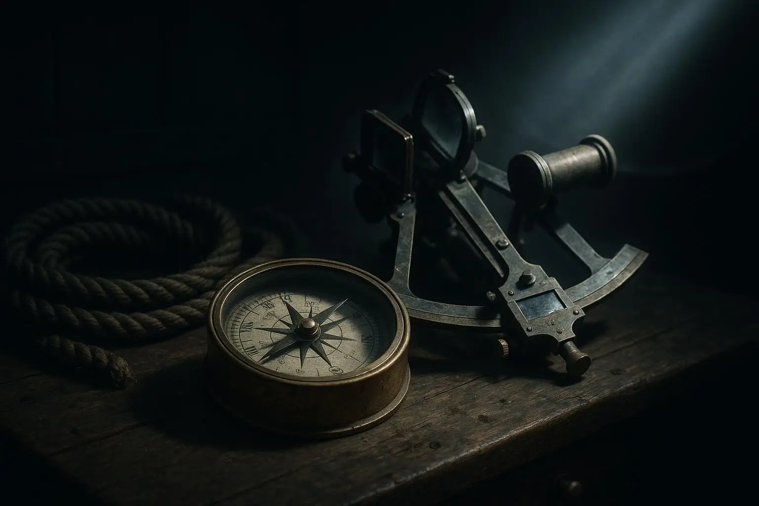 Mary Celeste Mesa De Madera Con Instrumentos Metálicos Oscuros Instrumentos metálicos antiguos sobre mesa de madera con mary celeste