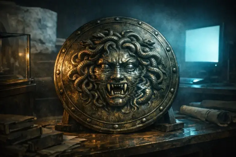 Medusa Gorgona: de víctima en Ovidio a símbolo moderno 1 Relieve metálico circular con rostro y formas de serpiente; medusa gorgona aparece centrada sobre una mesa desgastada.