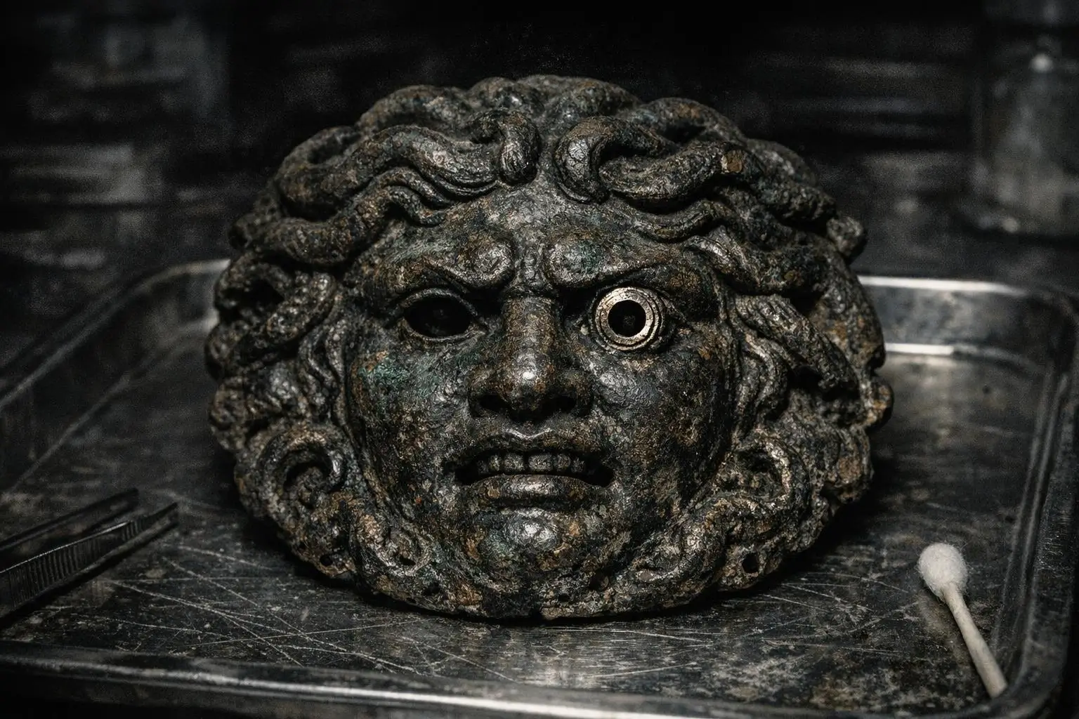 Medusa Gorgona, cabeza de relieve oscuro con textura rugosa Cabeza en relieve oscuro con cabello rizado y un ojo circular visible; medusa gorgona sobre bandeja metálica