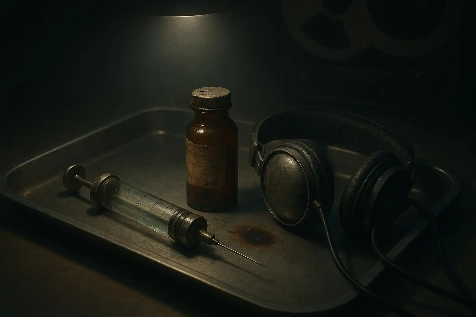 Mkultra Botella Ámbar, Jeringa Y Auriculares Sobre Bandeja Metálica Objetos mkultra con botella ámbar, jeringa transparente y auriculares en bandeja metálica