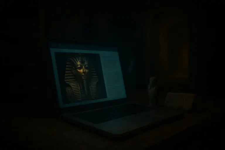 Momias malditas: del mito de Tutankamón a los datos del archivo 4 Portátil con imagen de busto dorado iluminado en pantalla sobre mesa oscura, momias malditas