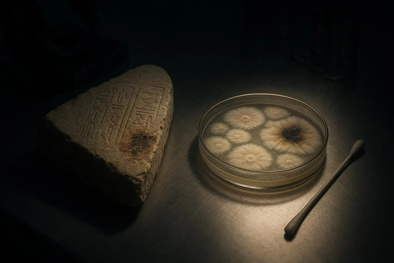 Momias Malditas Fragmento De Piedra Y Placa Circular Iluminados Superficie metálica con momias malditas, fragmento de piedra grabada, placa circular transparente y hisopo