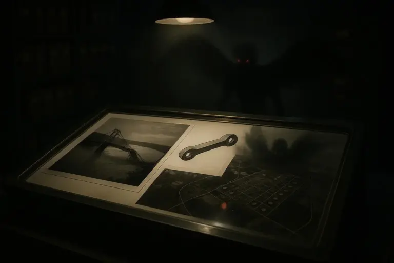 Mothman: entre la profecía del Silver Bridge y el archivo real 1 Mesa iluminada con fotografías en blanco y negro y silueta oscura de mothman al fondo