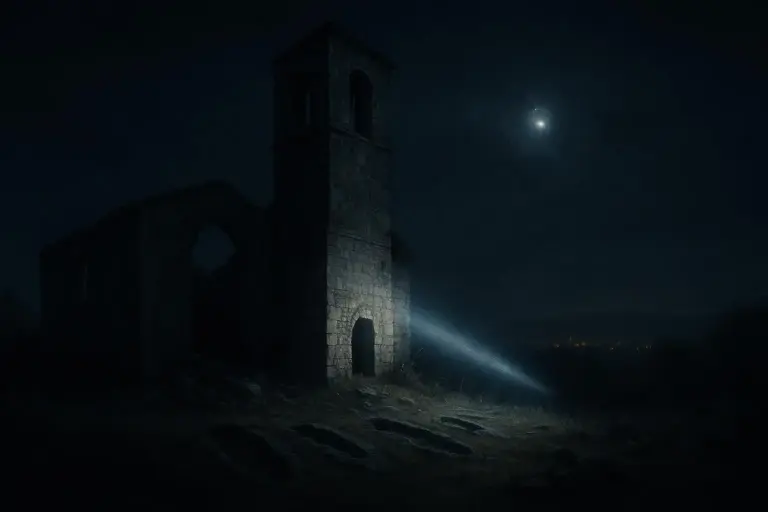 Ochate pueblo abandonado: entre el archivo real y el mito maldito 6 Ruina de torre de piedra iluminada por un haz de luz en Ochate pueblo abandonado