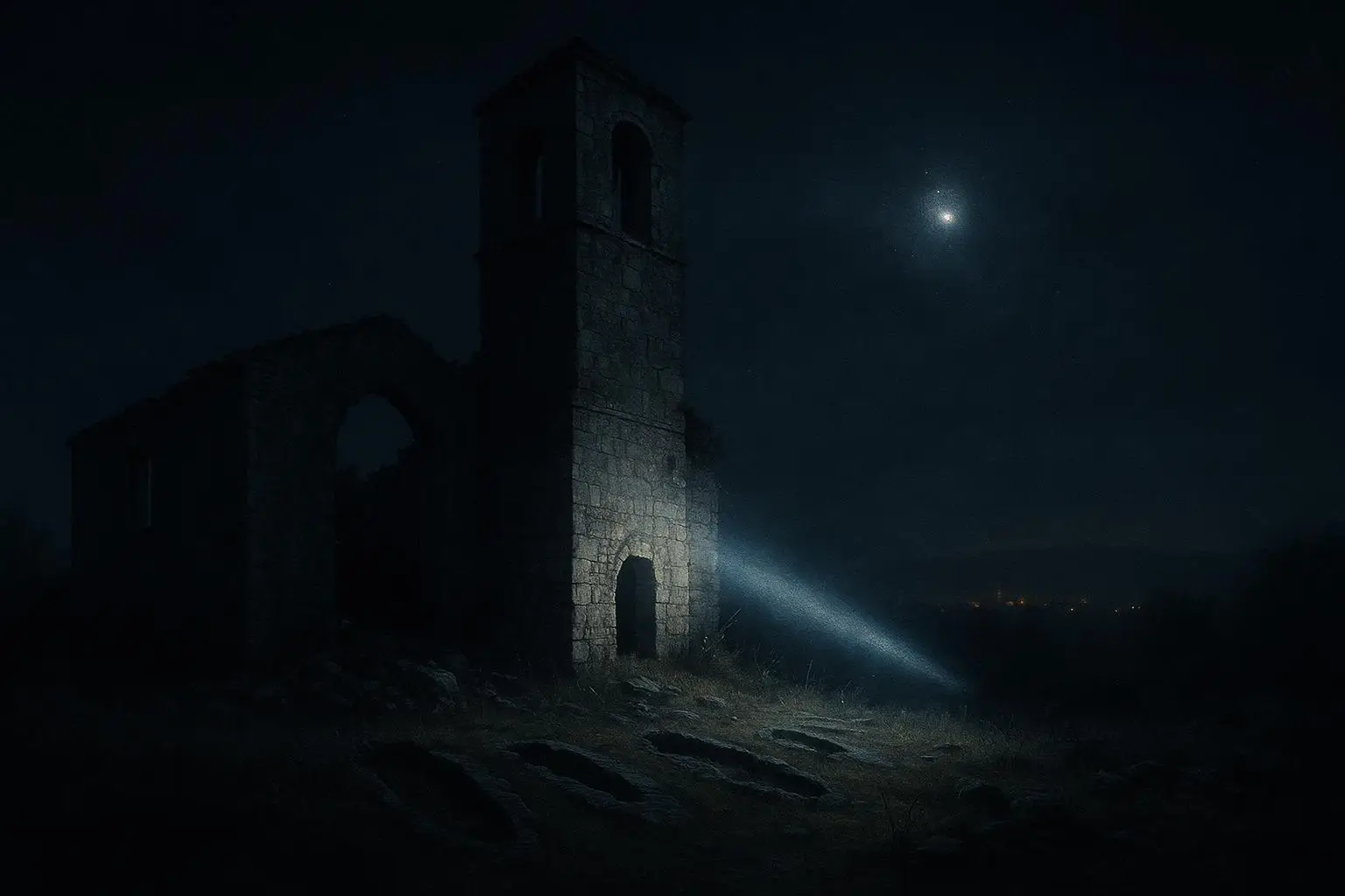 Ochate pueblo abandonado: entre el archivo real y el mito maldito 1 Ruina de torre de piedra iluminada por un haz de luz en Ochate pueblo abandonado