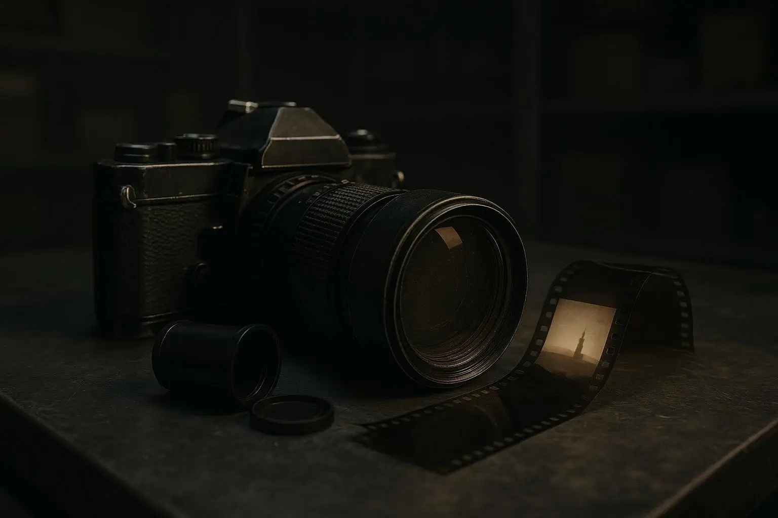 Ochate Pueblo Abandonado Cámara Oscura Y Rollo Fotográfico Cámara antigua con lente grande y rollo fotográfico junto a Ochate pueblo abandonado