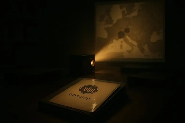 Operación Gladio: protocolos, red OTAN y vacíos documentales 4 Carpeta con la palabra dossier sobre una mesa oscura, iluminada por un proyector, operacion gladio protocolos