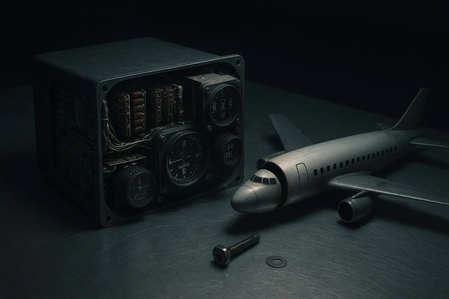 Operacion Northwoods Caja Metálica Con Relojes Y Maqueta De Avión Caja oscura con esferas circulares junto a maqueta de avión y tornillo, operacion northwoods