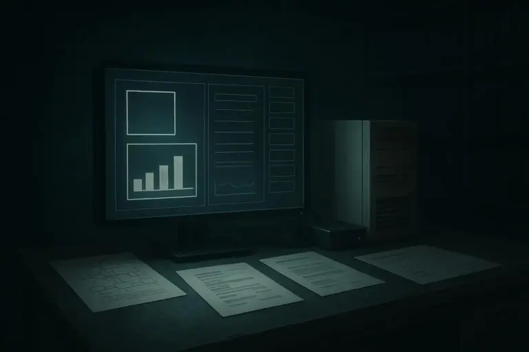 El origen de Bitcoin: del whitepaper al vacío biográfico 2 Mesa oscura con monitor encendido mostrando gráficos y papeles, relacionada con el origen de Bitcoin