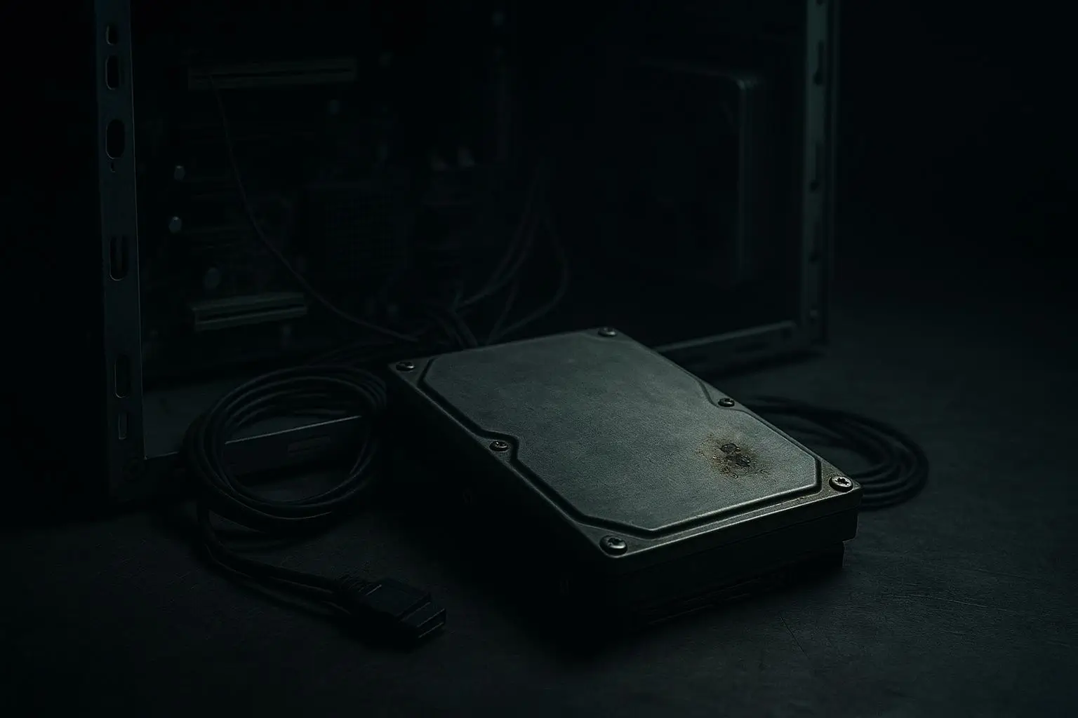 El Origen De Bitcoin Dispositivo Metálico Oscuro Sobre Superficie Dispositivo rectangular metálico con cables en entorno oscuro, el origen de Bitcoin