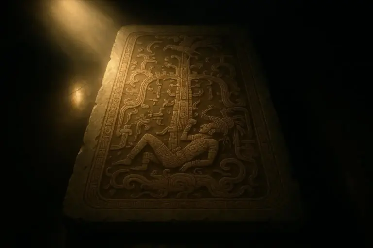 Palenque astronauta: de la nave al árbol cósmico de la tumba 3 Relieve palenque astronauta tallado en bloque de piedra con figura humana y motivos curvos