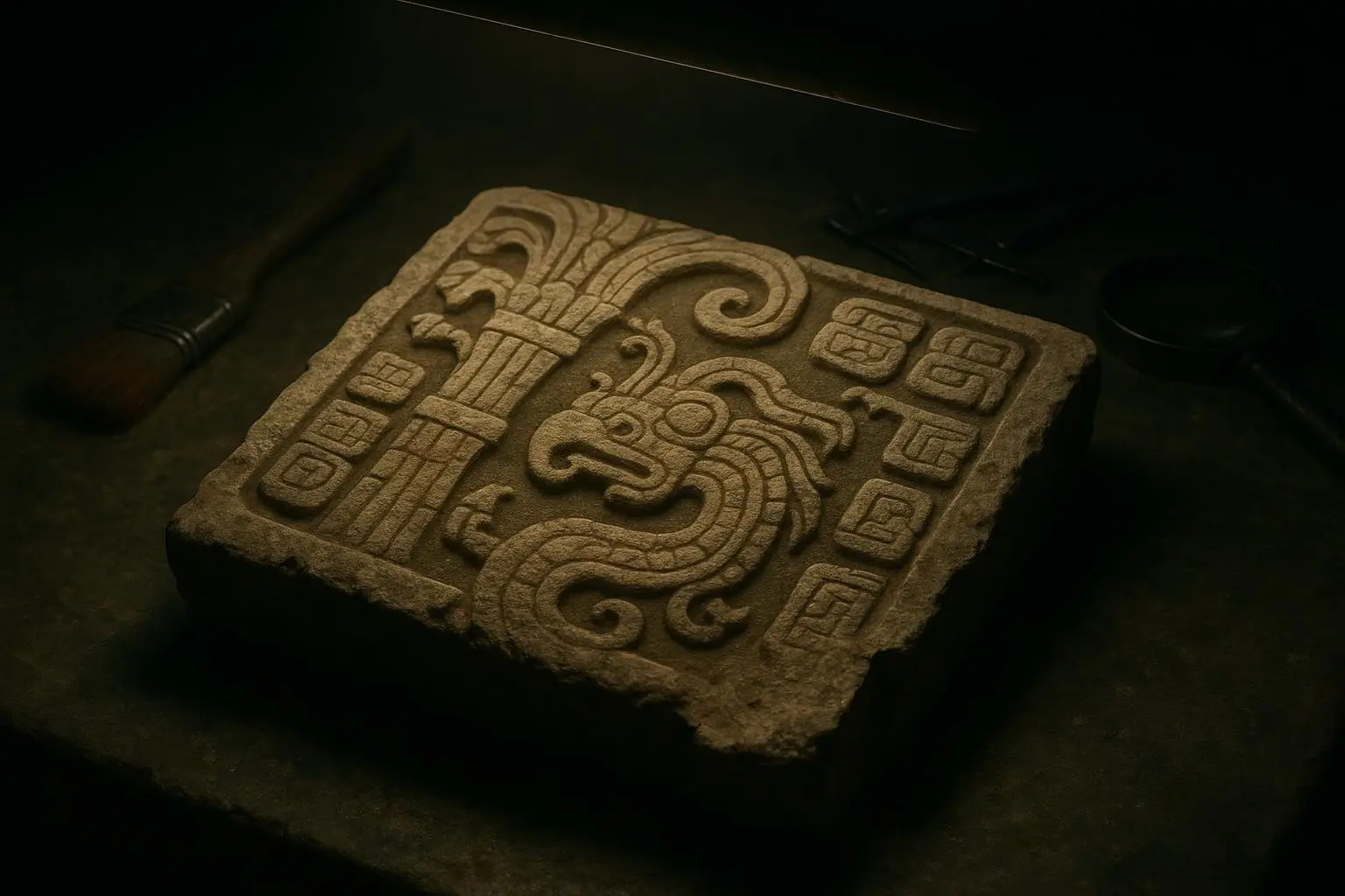 Palenque Astronauta Relieve Tallado En Bloque De Piedra Iluminado Bloque de piedra con relieve detallado y motivos curvos palenque astronauta sobre mesa oscura