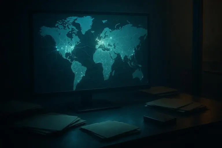 Paraísos fiscales: de Panama Papers a los límites del archivo 4 Pantalla con mapa mundial azul brillante sobre escritorio oscuro, relacionada con paraisos fiscales