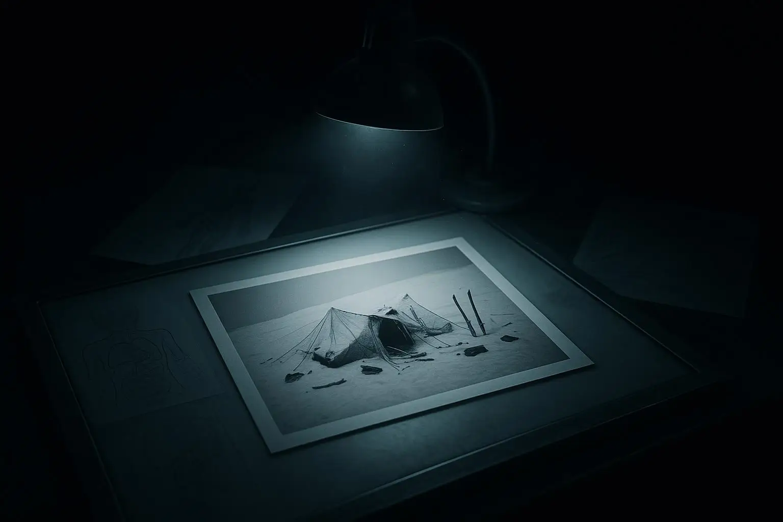 Paso Dyatlov: avalancha, autopsias y los límites del archivo 1 Fotografía en blanco y negro iluminada por lámpara sobre mesa, paso dyatlov.