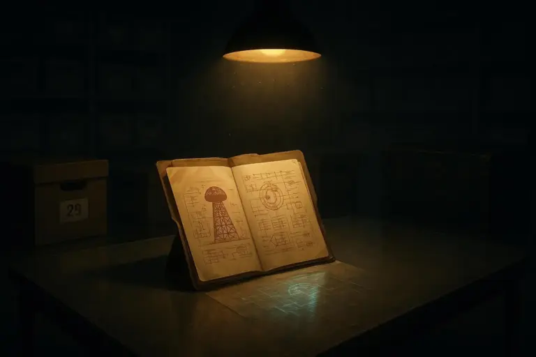 Patentes Tesla confiscadas FBI: entre el mito y el archivo real 7 Cuaderno con esquemas técnicos abiertos sobre mesa metálica, patentes tesla confiscadas fbi