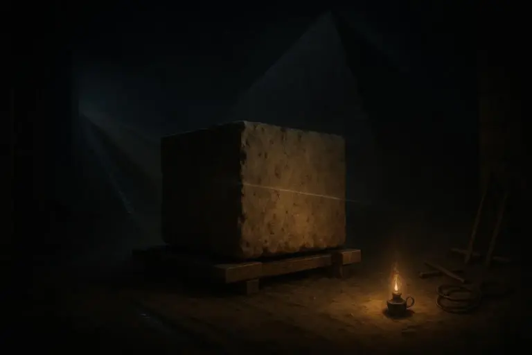 Las pirámides de Giza: del mito imposible a la logística real 3 Bloque cúbico sobre base de madera junto a lámpara de aceite y las piramides de Giza al fondo