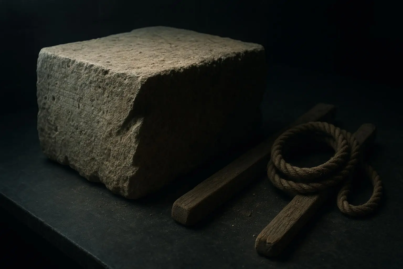 Las Piramides De Giza Bloque De Piedra Y Cuerda En Superficie Oscura Bloque de piedra rectangular junto a dos listones y cuerda, las piramides de Giza