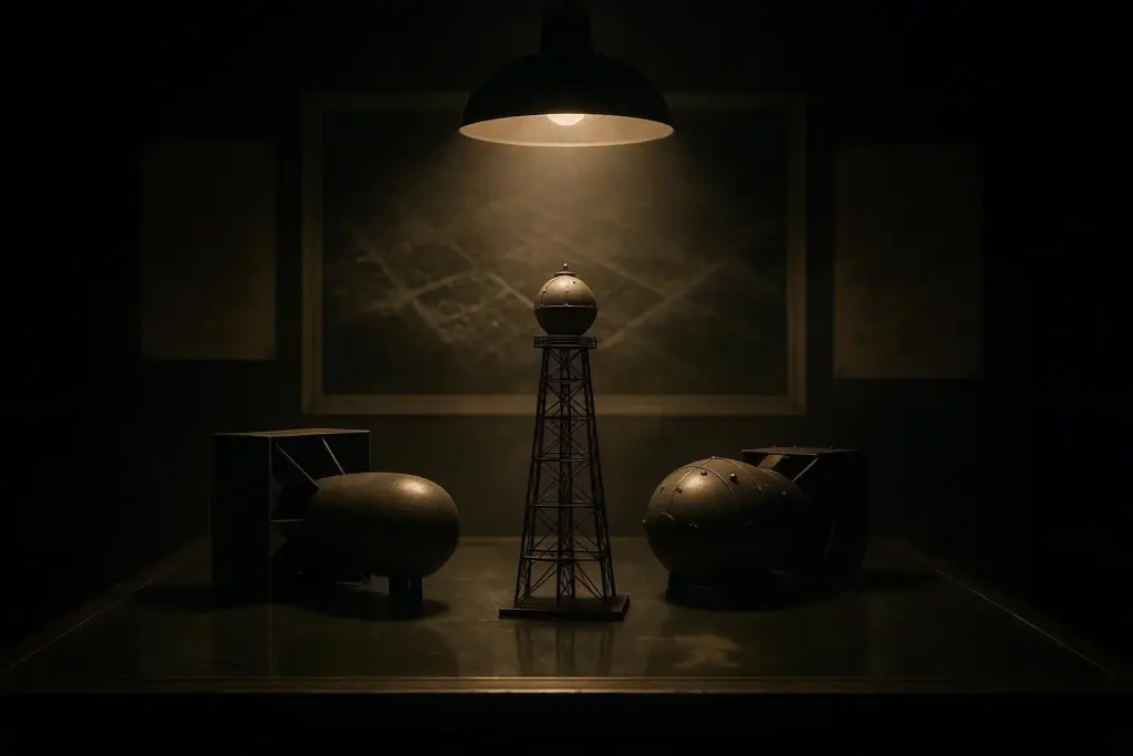 Proyecto Manhattan: desarrollo secreto y decisión de Hiroshima 2 Mesa oscura con proyecto manhattan representado por tres maquetas metálicas bajo lámpara