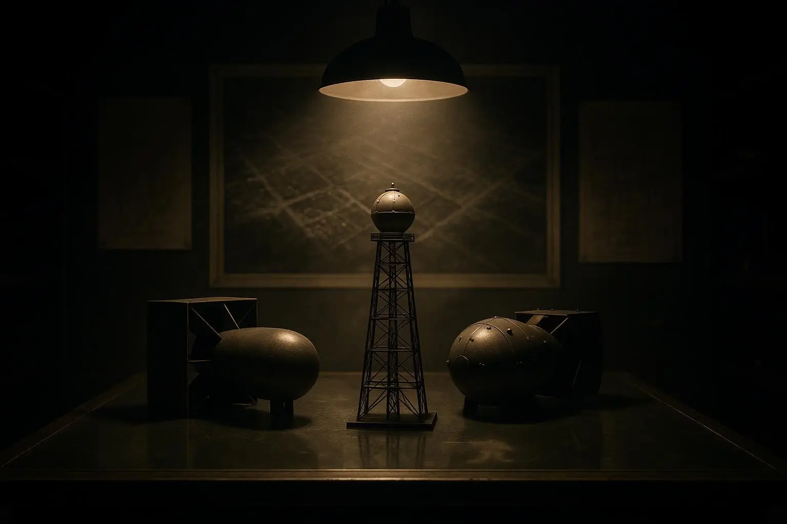 Club Curioso — Probamos lo improbable 12 Mesa oscura con proyecto manhattan representado por tres maquetas metálicas bajo lámpara