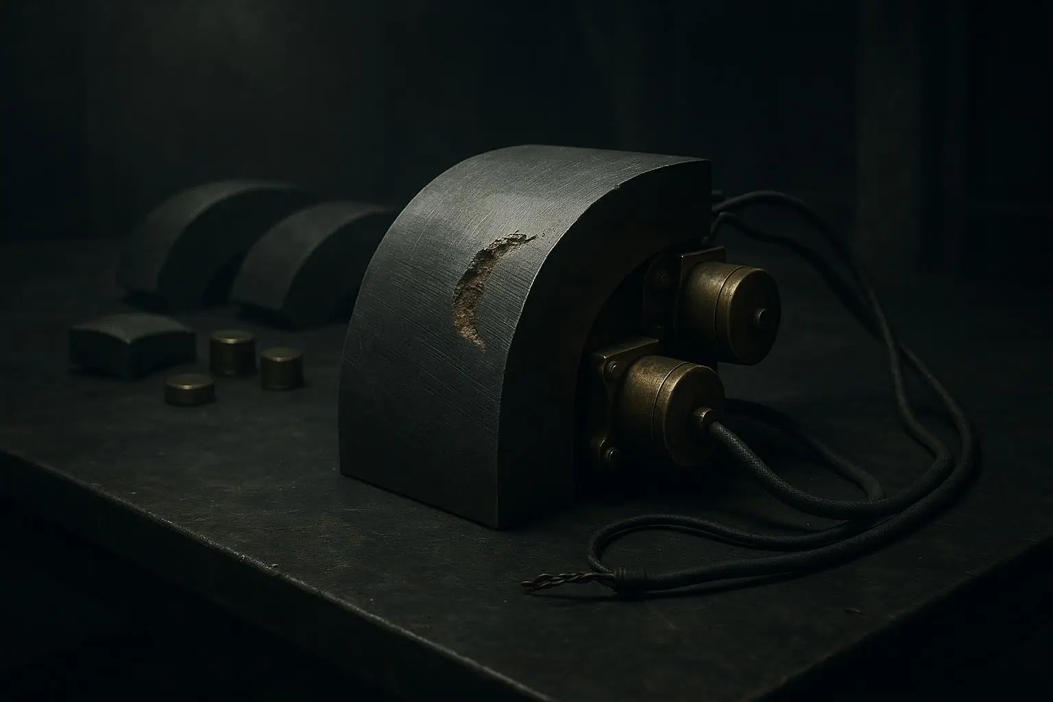 Proyecto Manhattan Bloque Curvo Metálico Con Cables En Mesa Oscura Objeto curvo oscuro con cables y piezas cilíndricas, relacionado con proyecto manhattan