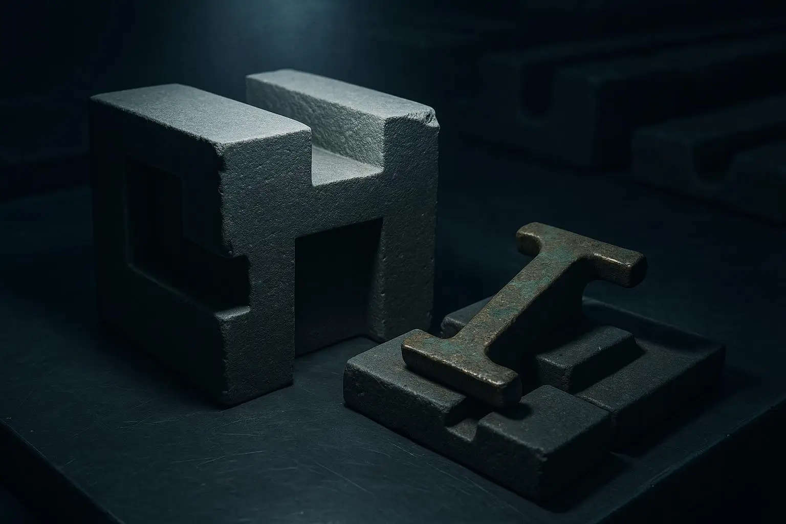 Puma Punku Bloques Metálicos Oscuros En Superficie Lisa Bloques macizos de aspecto metálico con formas geométricas, puma punku en primer plano