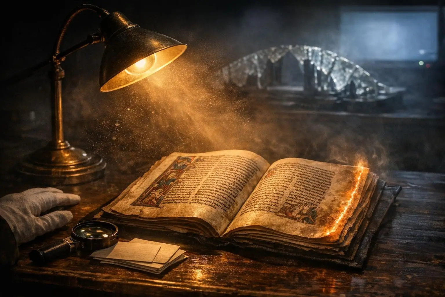 Ragnarök: de apocalipsis a renovación y límites del archivo 1 Libro antiguo abierto con páginas iluminadas, humo visible y ragnarok en una mesa de madera junto a una lámpara y lupa.