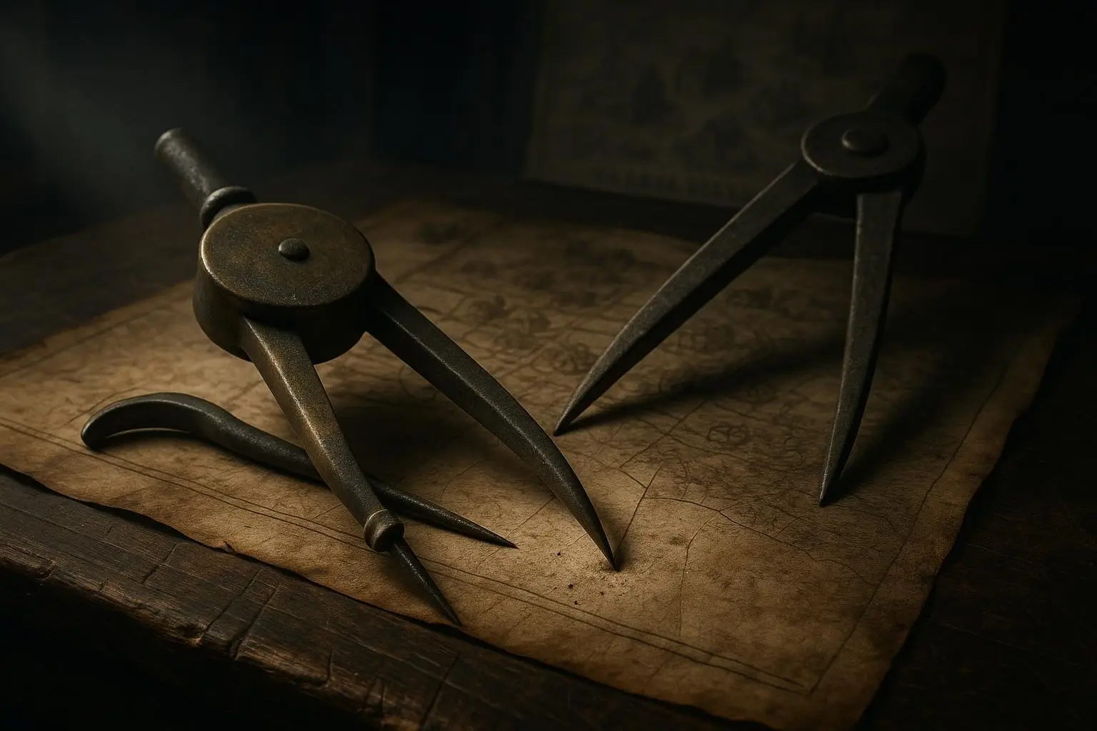 Las Brujas De Salem Herramientas Metálicas Sobre Papel Antiguo Herramientas metálicas puntiagudas sobre papel envejecido, las brujas de Salem