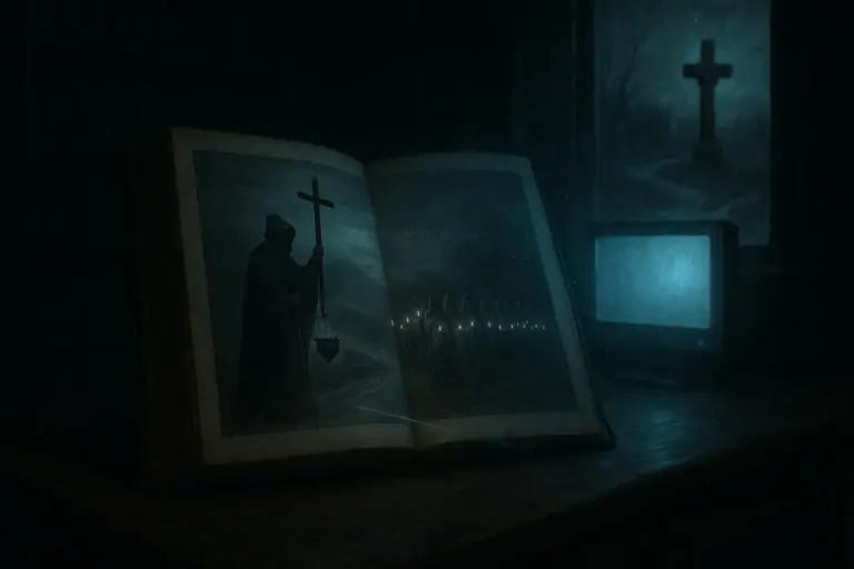 Santa Compaña: de procesión de almas a control de la noche 2 Libro abierto con ilustración oscura de figuras encapuchadas y cruz junto a monitor, santa compaña