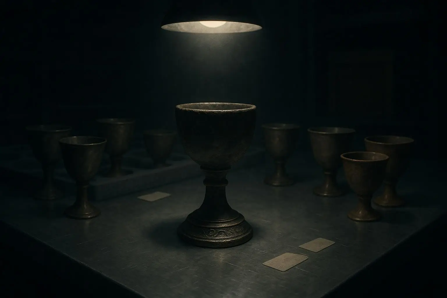 Santo Grial Copa Metálica Central Iluminada Sobre Superficie Copa central metálica bajo luz directa santo grial rodeada de copas similares