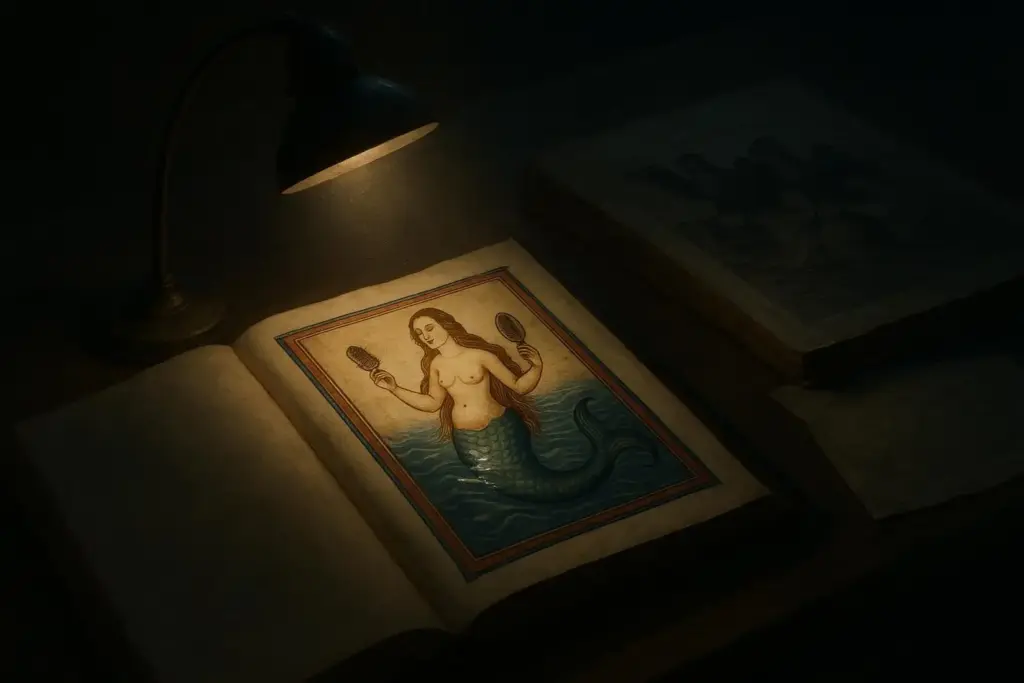 Sirenas y mitología: de mujer pájaro a pez según el archivo 3 Libro abierto con ilustración de sirenas mitologia bajo lámpara de mesa