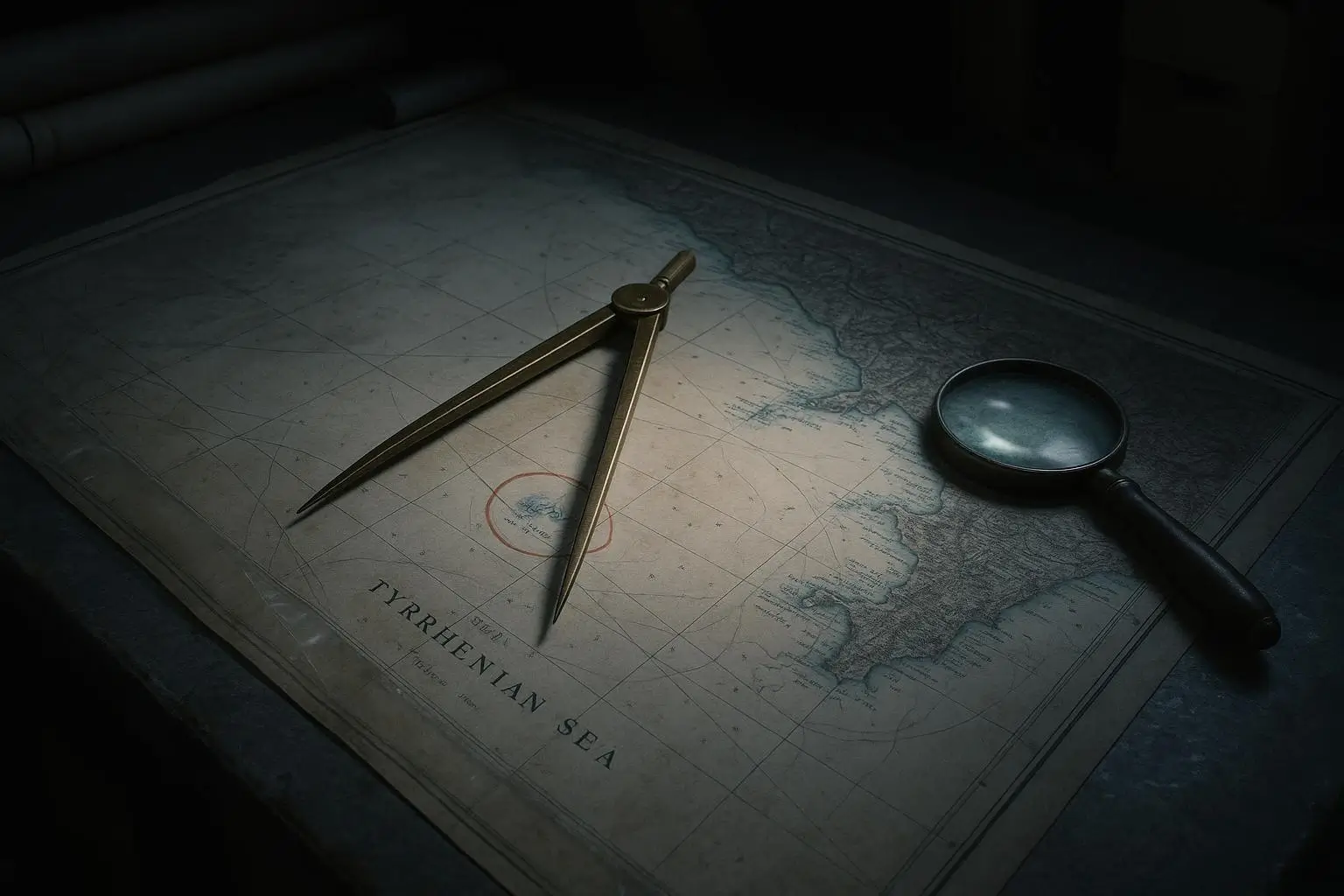 Sirenas Mitologia Sobre Mapa Con Compás Y Lupa Oscura Mapa horizontal con sirenas mitologia, compás metálico abierto y lupa negra sobre superficie oscura