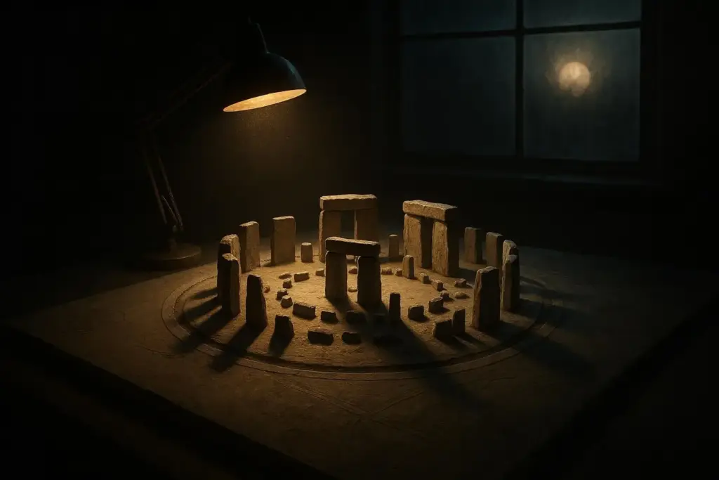 Maqueta de stonehenge circular de piedras bajo luz cálida de lámpara