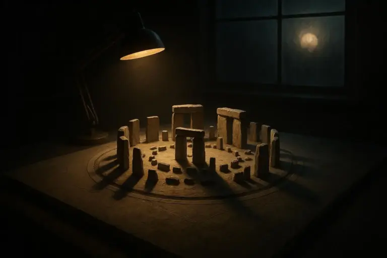 Stonehenge: de círculo neolítico a paisaje ritual de solsticios y cremaciones 5 Maqueta de stonehenge circular de piedras bajo luz cálida de lámpara