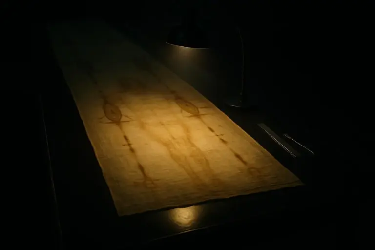El sudario de Turín: del carbono-14 a los enigmas de la imagen 3 El sudario de Turín extendido sobre una mesa oscura bajo una lámpara
