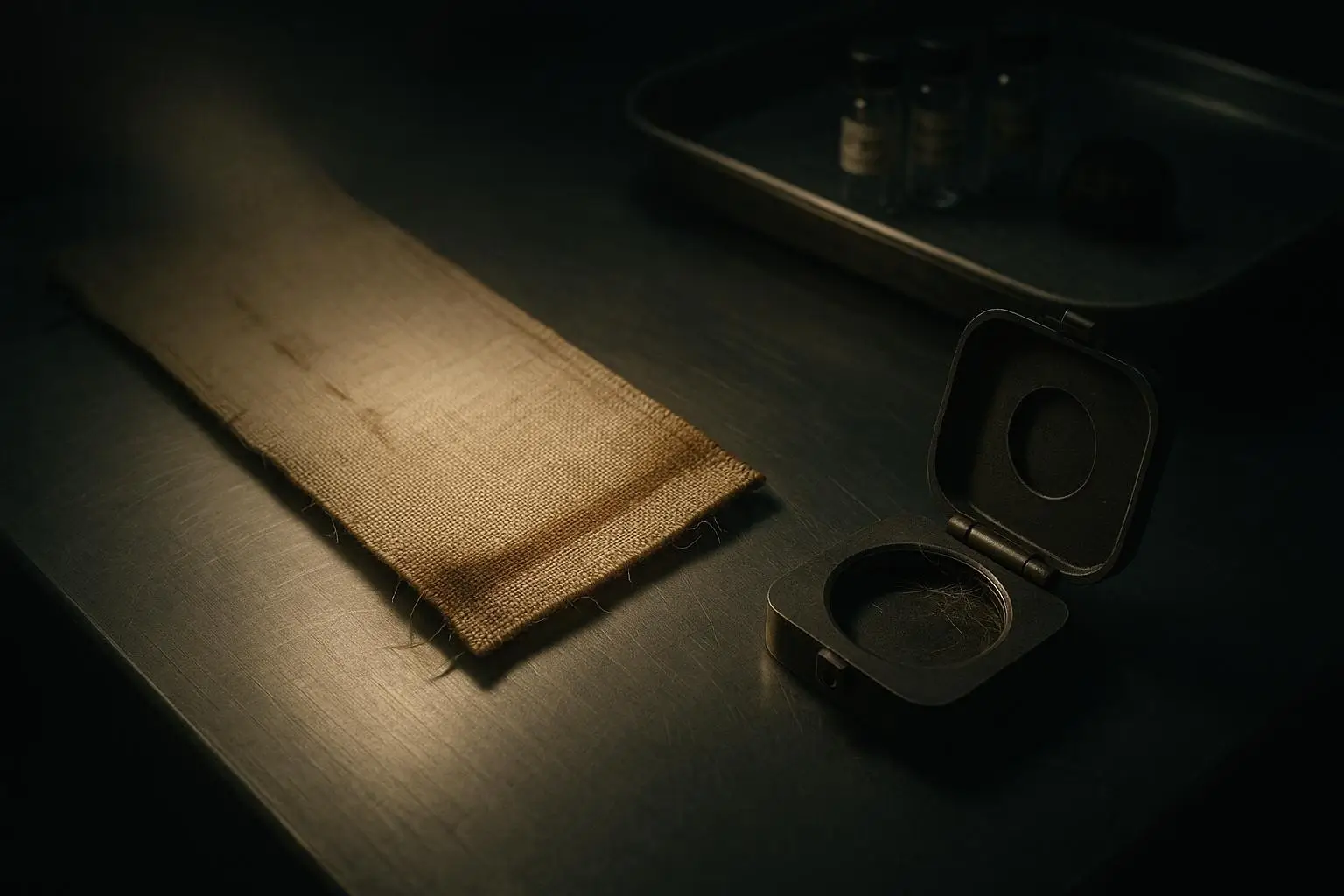 El Sudario De Turín Tela Beige Y Estuche Oscuro Sobre Superficie Mesa metálica con tela beige alargada y estuche oscuro abierto, el sudario de Turín