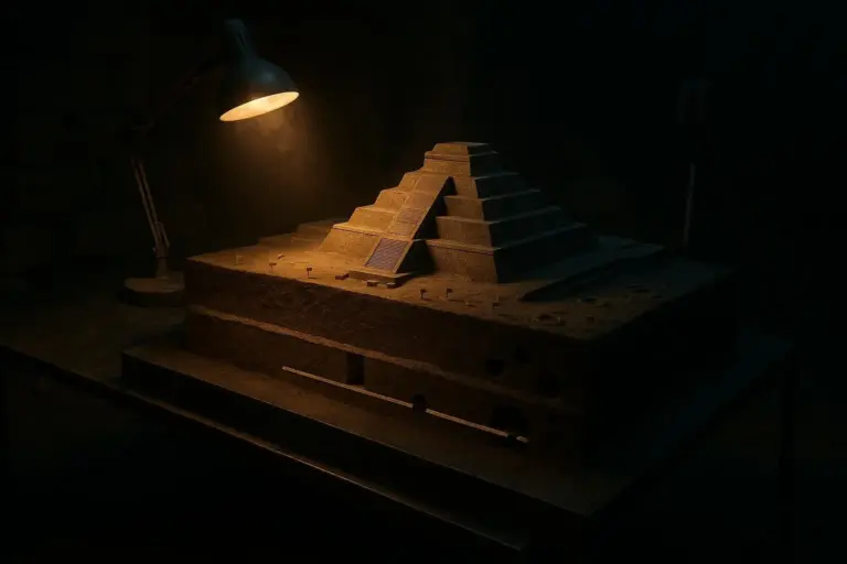 Teotihuacán: entre el mito del mercurio y los datos del túnel 2 Maqueta piramidal de teotihuacan sobre base rectangular iluminada por lámpara